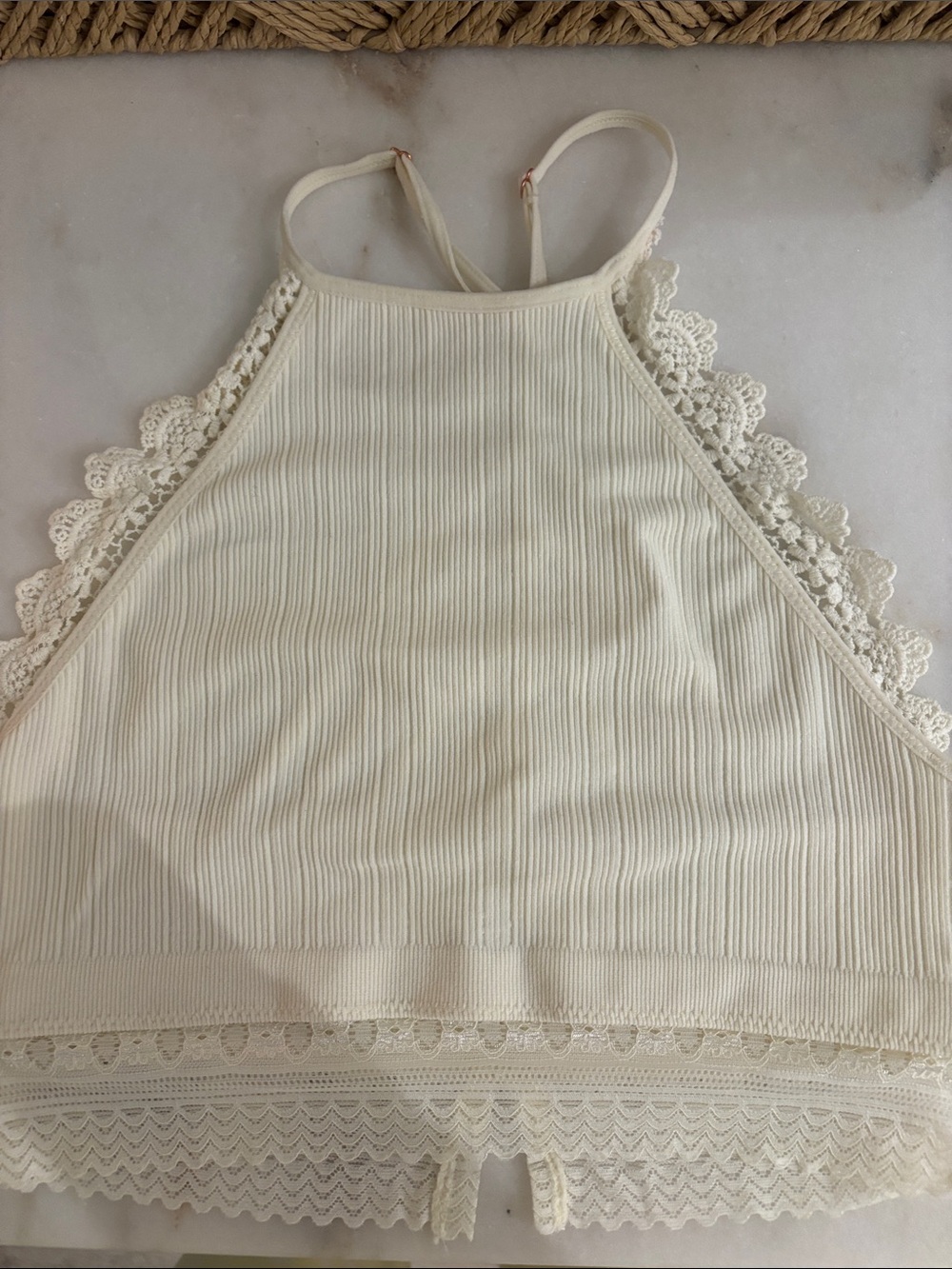Aerie Cream Lace-Trim Ribbed Halter Bralette